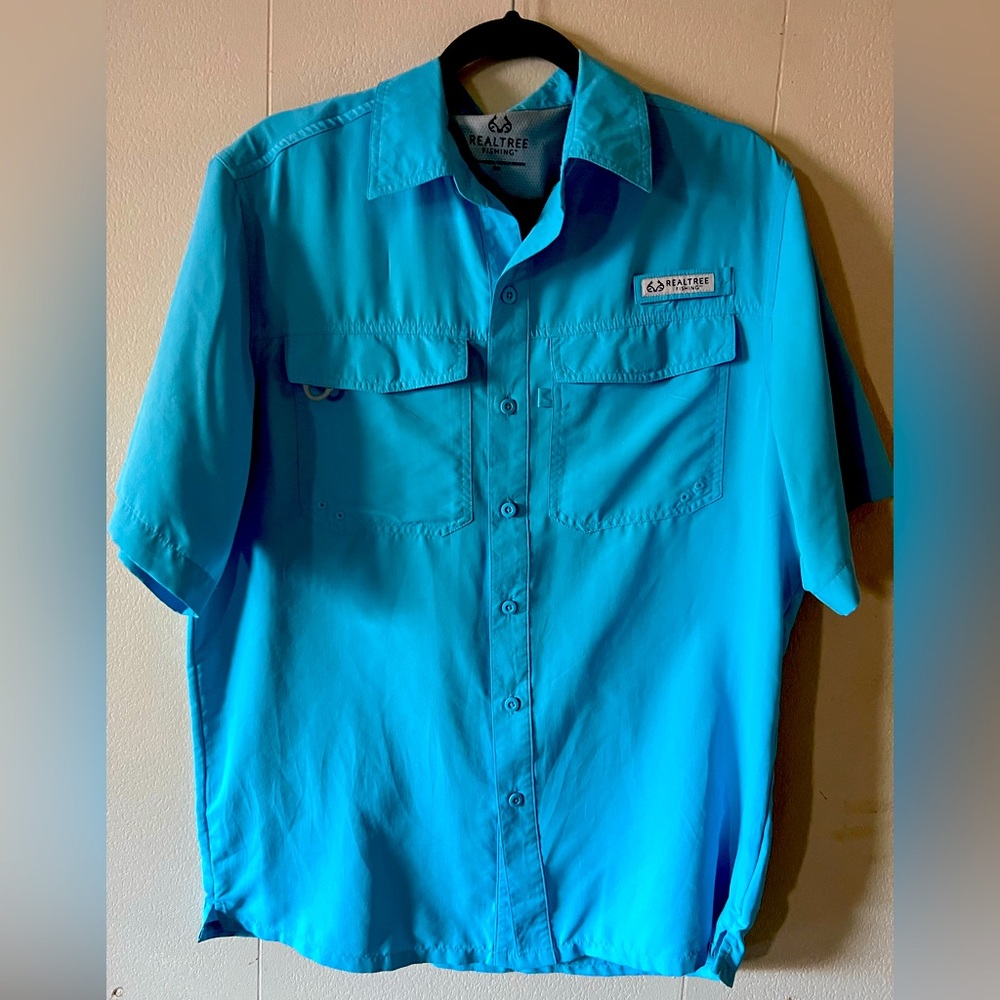 Realtree Mens Blue Grotto Vented Cape Back Short Sleeve Fishing Guide Shirt - M